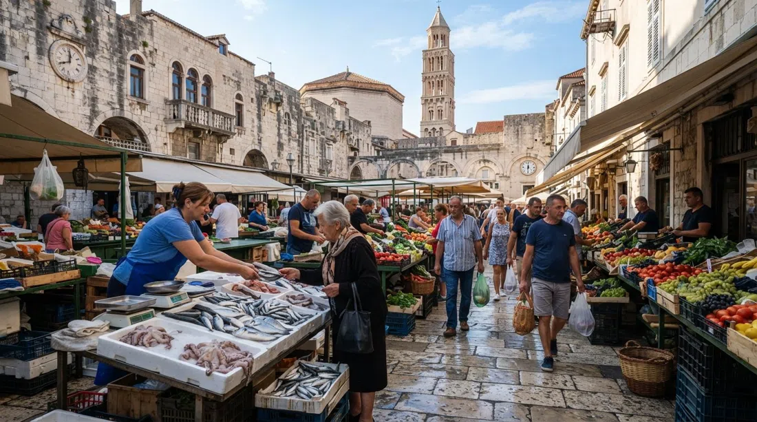 The Pazar and Ribarnica market edge near Diocletian's Palace in early morning, fish stalls and produce under bright sun with shoppers moving through