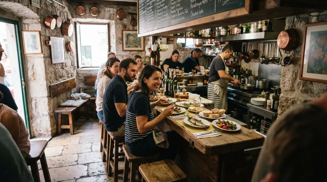 Villa Spiza’s tiny counter-and-benches konoba interior in Split, chalkboard menu above and simple daily fish plates on the table