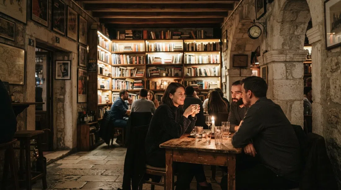 Marvlvs Library Jazz Bar on Papalićeva Street at night, candlelit stone floor, timber beams overhead and shelves of books glowing in warm light