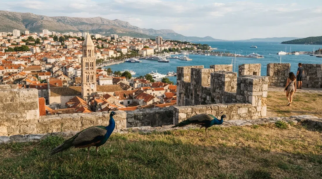 Gripe Fortress ramparts above Split’s rooftops at late afternoon, with peacocks on the lawns and the harbour visible beyond the stone walls
