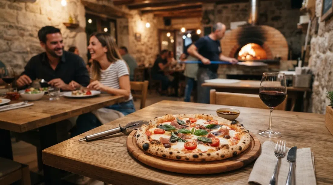 a thin, blistered pizza from Bakra – Steak & Pizza Bar on a table in the restaurant, with the wood-fired oven glow in the background