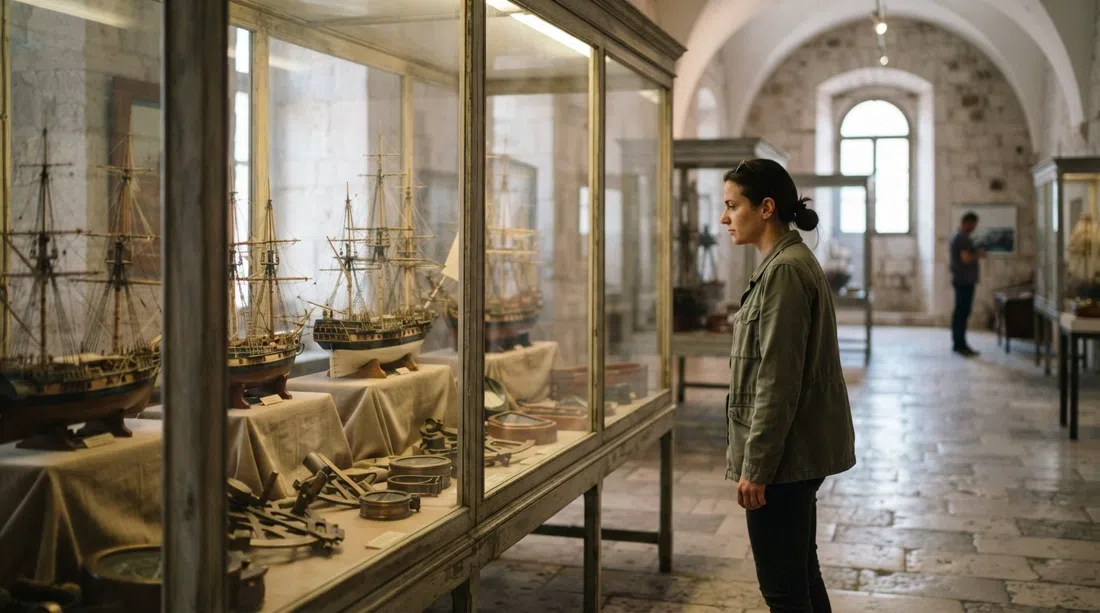 ship models and naval instruments inside the Croatian Maritime Museum at Gripe Fortress, with display cases lit softly in a quiet gallery