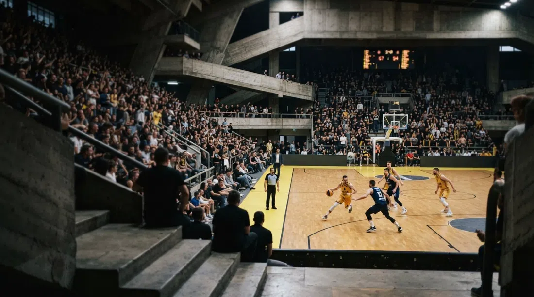 the cavernous interior of the Gripe Sports Center during a KK Split basketball game, with the court lit under the concrete stands