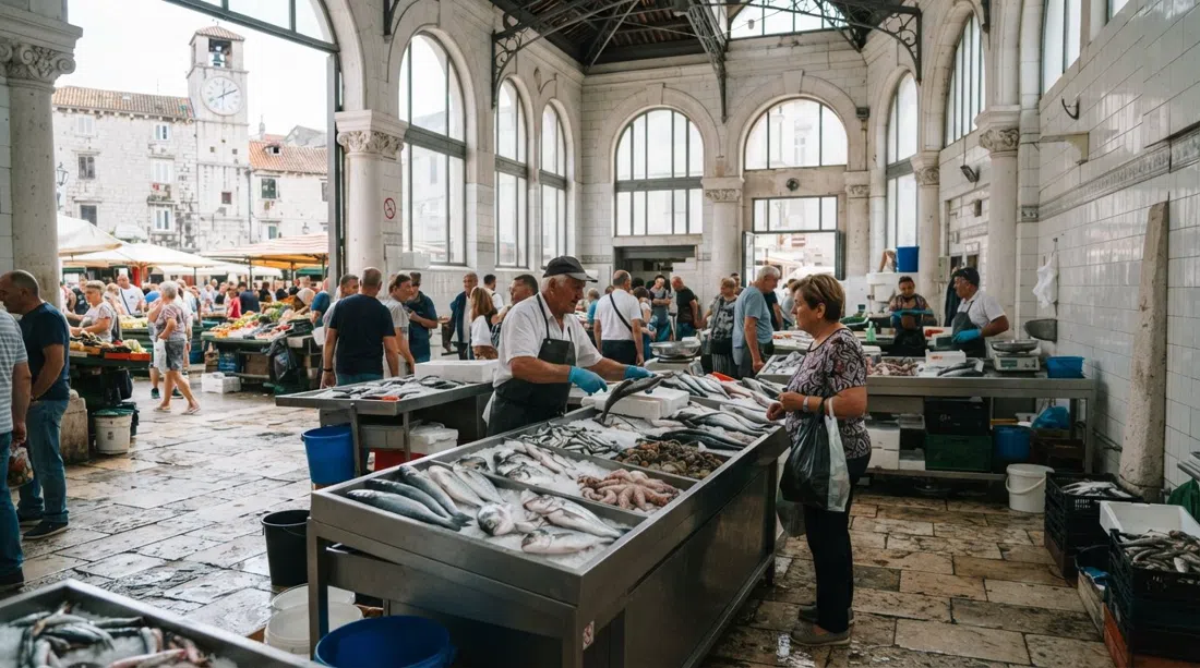 the Peškarija fish market in its white-stone Secession hall, with fish counters under bright morning light and the open market nearby