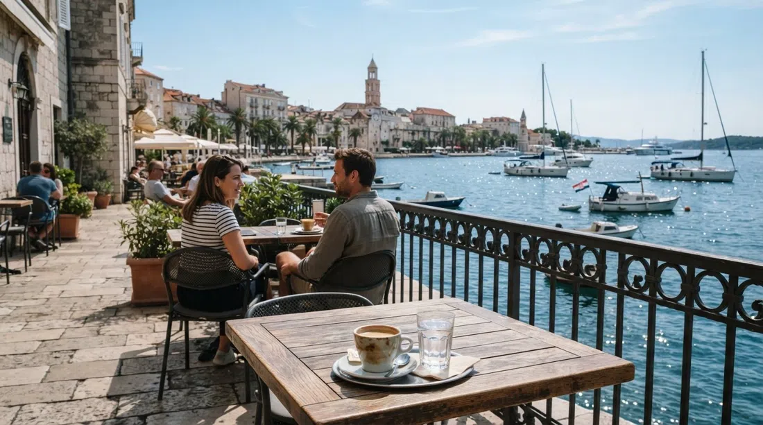 Kavana Zona on the Meštrović promenade, sea-facing terrace with morning coffee glasses and boats visible beyond the railing