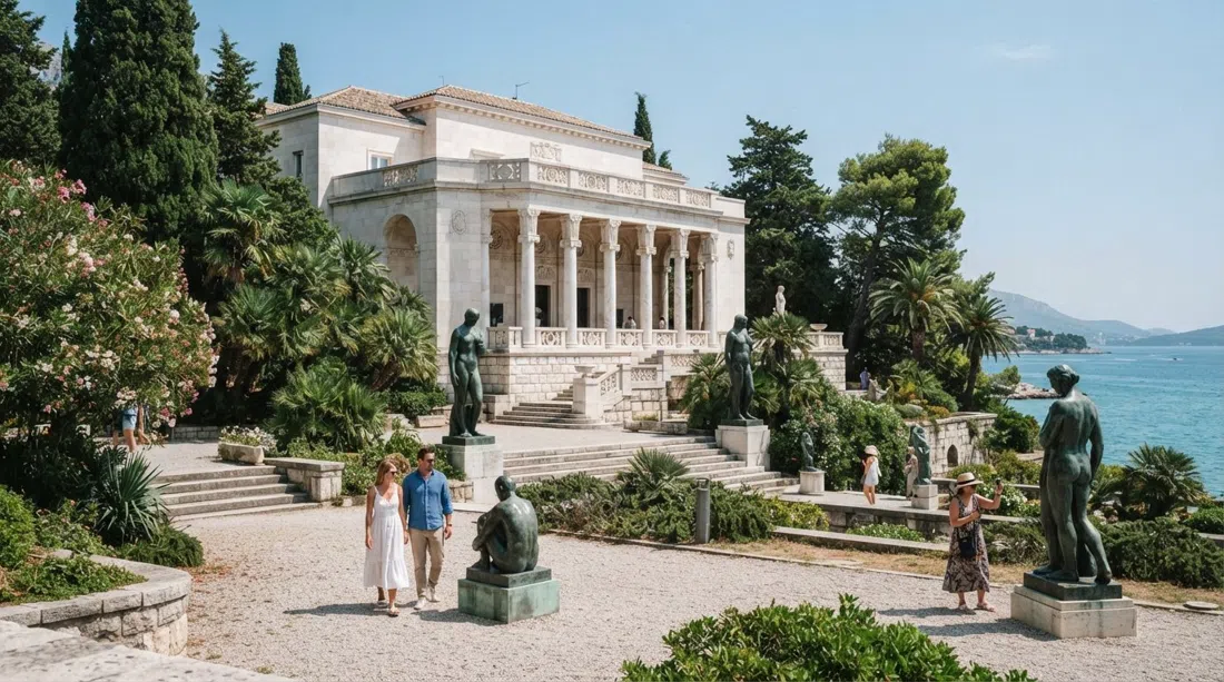 the Meštrović Gallery, white villa with marble columns and sculpture-filled gardens in bright coastal daylight