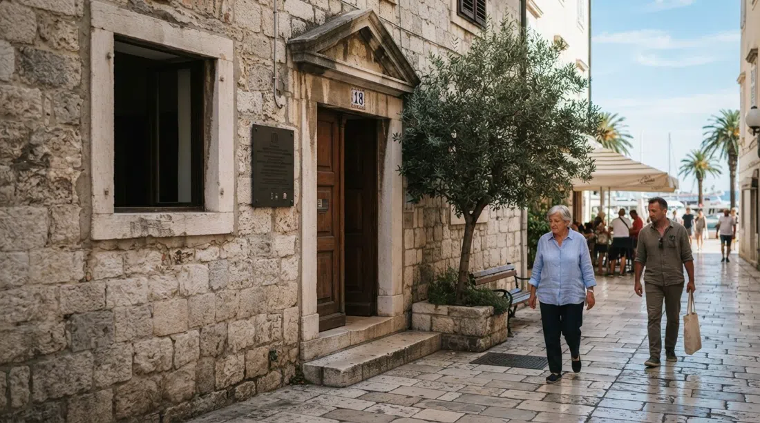 the Museum of Croatian Archaeological Monuments entrance at number 18, quiet street frontage and a sense of a free museum off the promenade