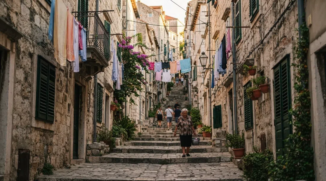 the narrow stepped lane of Radunica in Split, stone houses facing each other closely with laundry strung overhead and late-afternoon shade