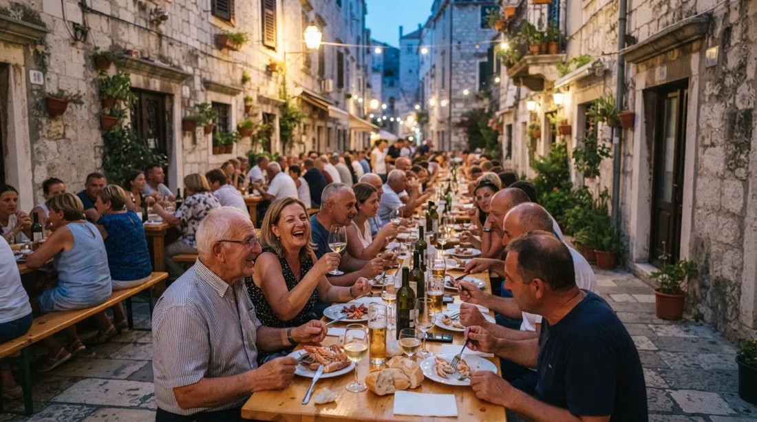 Radunica lane during Dani Radunice in Split, long communal tables set under warm evening light with locals gathered for a street feast