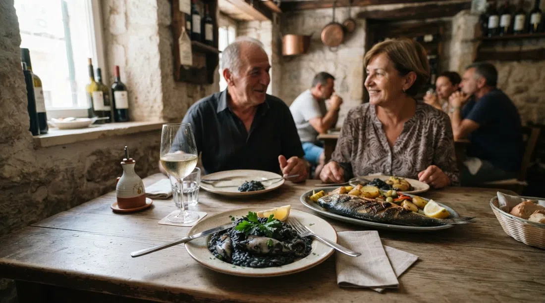 a simple table at Konoba Radunica in Split with black cuttlefish risotto, grilled fish and a glass of wine in a small family konoba interior