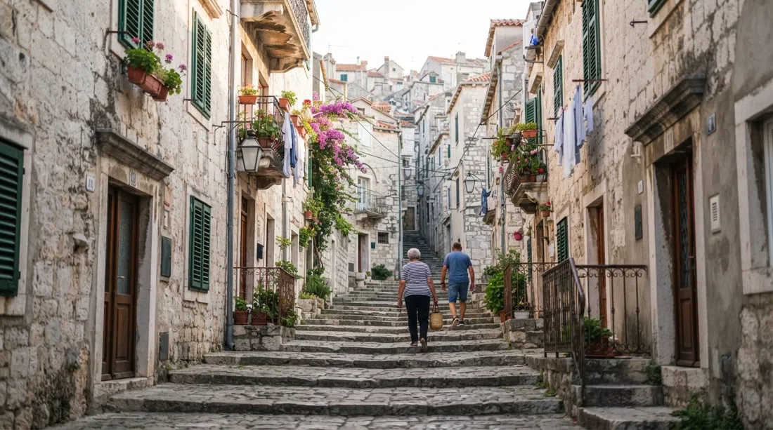 a stepped view up Radunica in Split looking toward the upper lanes, pale stone walls and family-name side streets in soft morning light