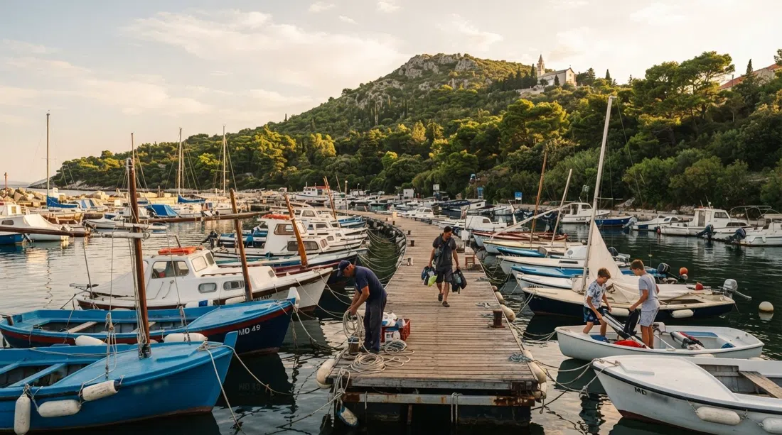 the small Spinut marina at late afternoon, fishing boats and sail-training dinghies moored in a curve with Marjan hill rising green behind them