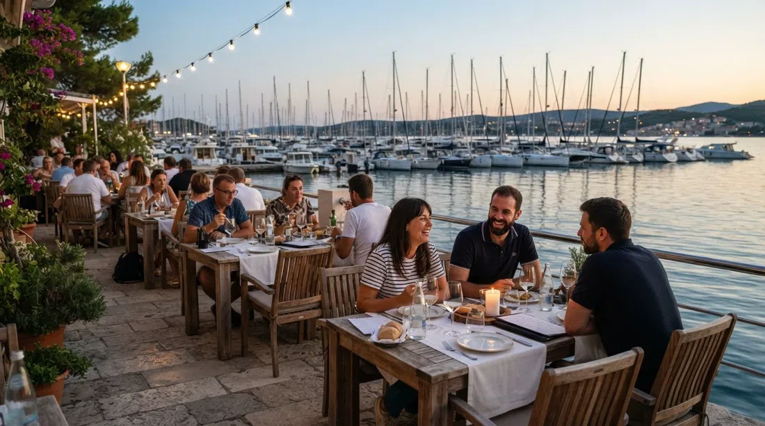 Restaurant Lucica terrace at the Spinut marina, tables set beside the water with Kastela bay and moored boats in soft evening light