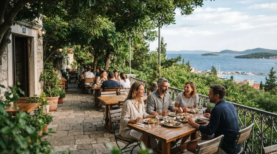 Restoran Gusar on Spinutska 69, leafy terrace tables on Marjan’s northern slope with a wide sea view beyond the trees