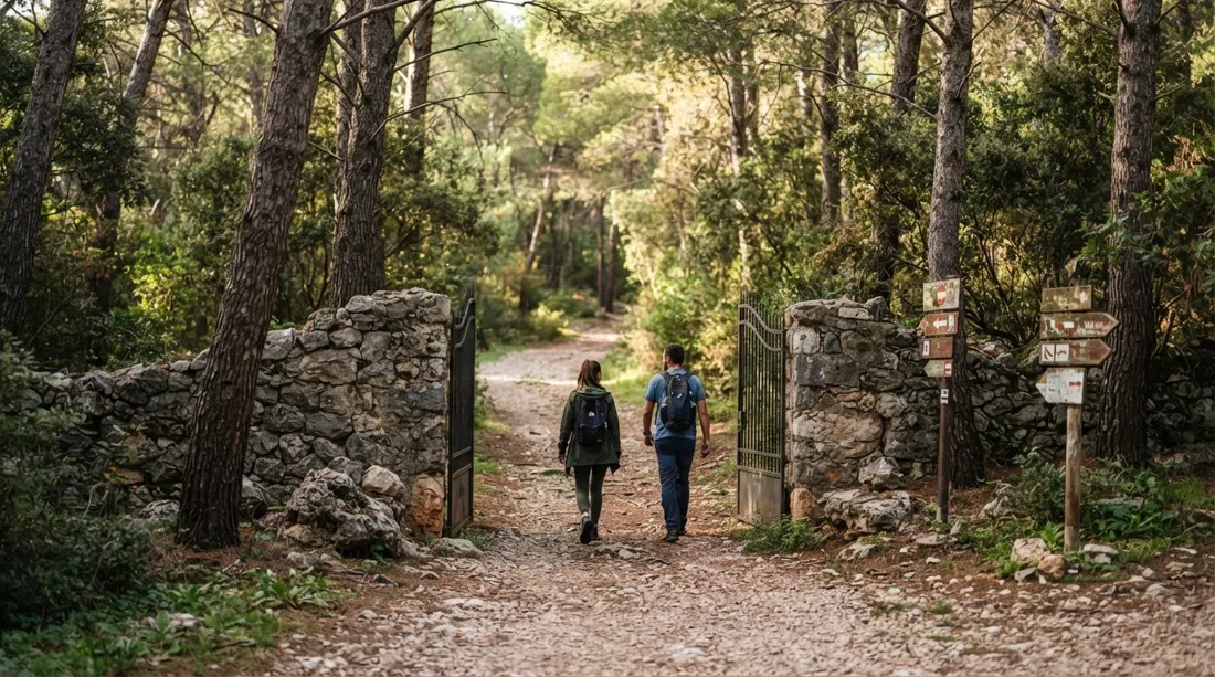 the Spinut Gate on Setaliste Marina Tartaglie, a shaded entrance path into Marjan forest with pine trunks and trail signs in morning light