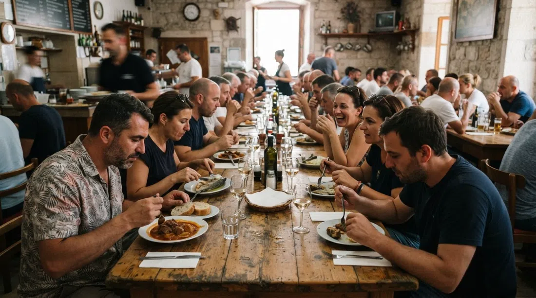 the long shared tables inside Buffet Fife by Matejuska, simple Dalmatian canteen food and a busy working-lunch atmosphere