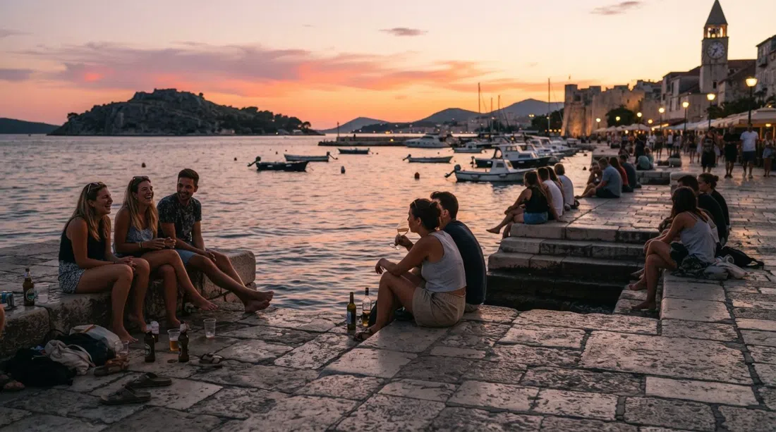 sunset at Matejuska with people sitting on the stone quay, bottles and glasses by their feet and the island of Ciovo silhouetted across the water