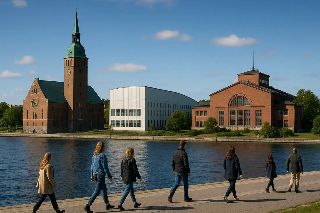 the museum cluster in Museiparken at Gärdet, Stockholm, with Sjöhistoriska museet, Etnografiska museet and Tekniska museet set against the water and open sky
