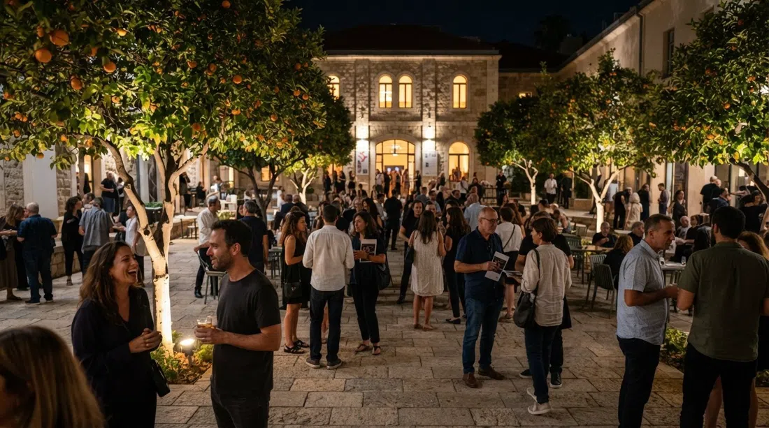 the Suzanne Dellal Centre courtyard at night, orange trees lit from below and people gathering before a Batsheva performance