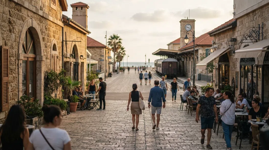 HaTachana’s restored stone buildings and platforms in late afternoon, with boutique fronts and the boardwalk light beyond
