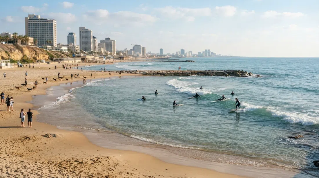 Hilton Beach in the calm morning hours, surfers and SUP boards near the break with the dog beach at the northern end