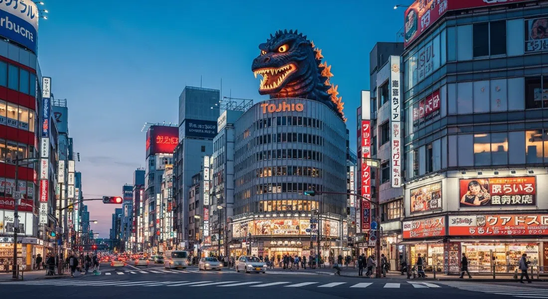 the Godzilla head on the Shinjuku Toho Building glowing above Kabukicho at dusk, neon signs and street traffic below