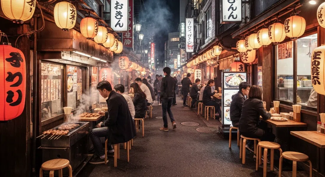 lantern-lit Omoide Yokocho at night, smoke rising from yakitori grills, tiny stools packed close to the alley