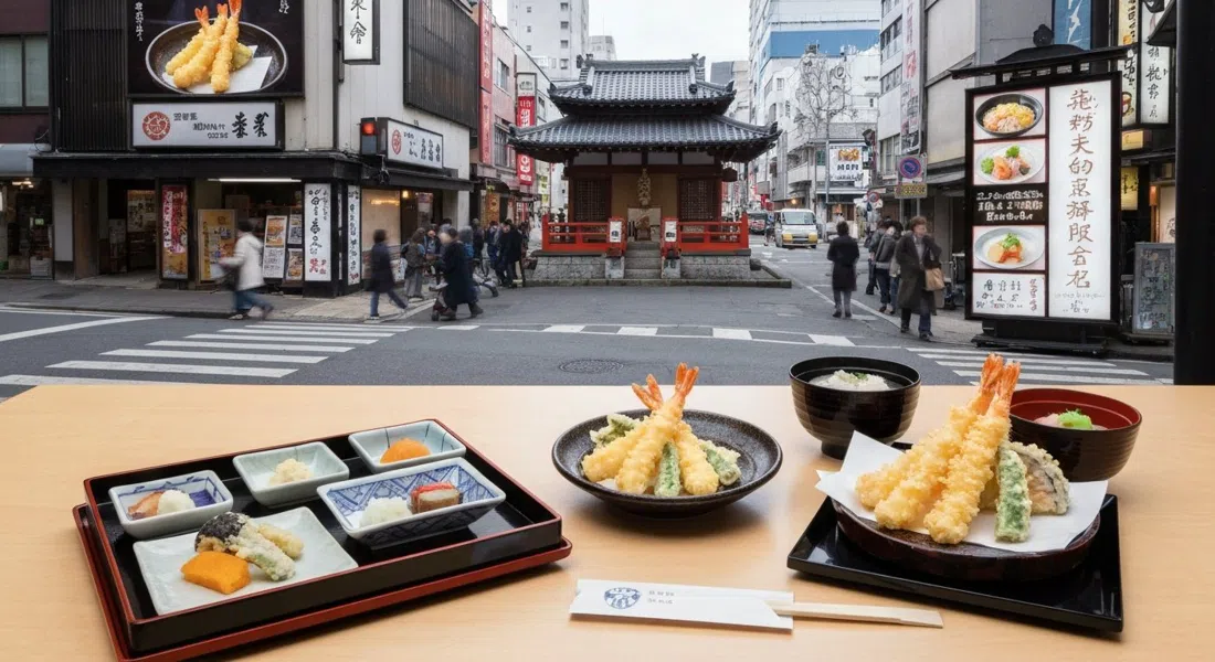 a plated tempura lunch set at Tempura Shinjuku Tsunahachi, pale golden shrimp and vegetables in a restrained traditional setting