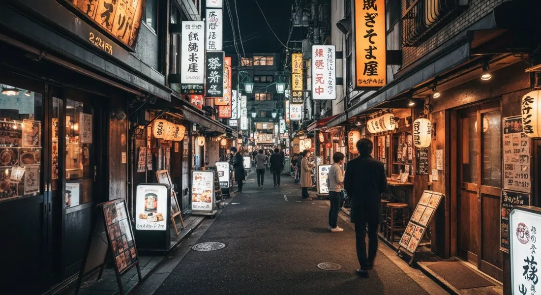 Golden Gai at night, narrow alleys lined with tiny illuminated bar signs and closely packed entrances