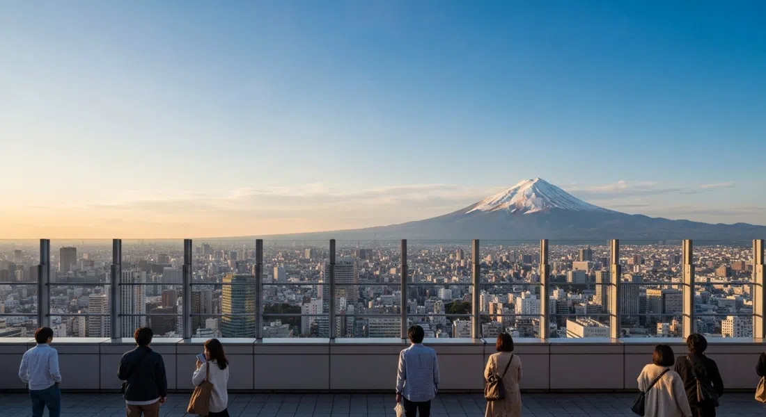 the Tokyo Metropolitan Government Building observation deck at sunset, Tokyo spreading out below with distant Mt Fuji on a clear horizon