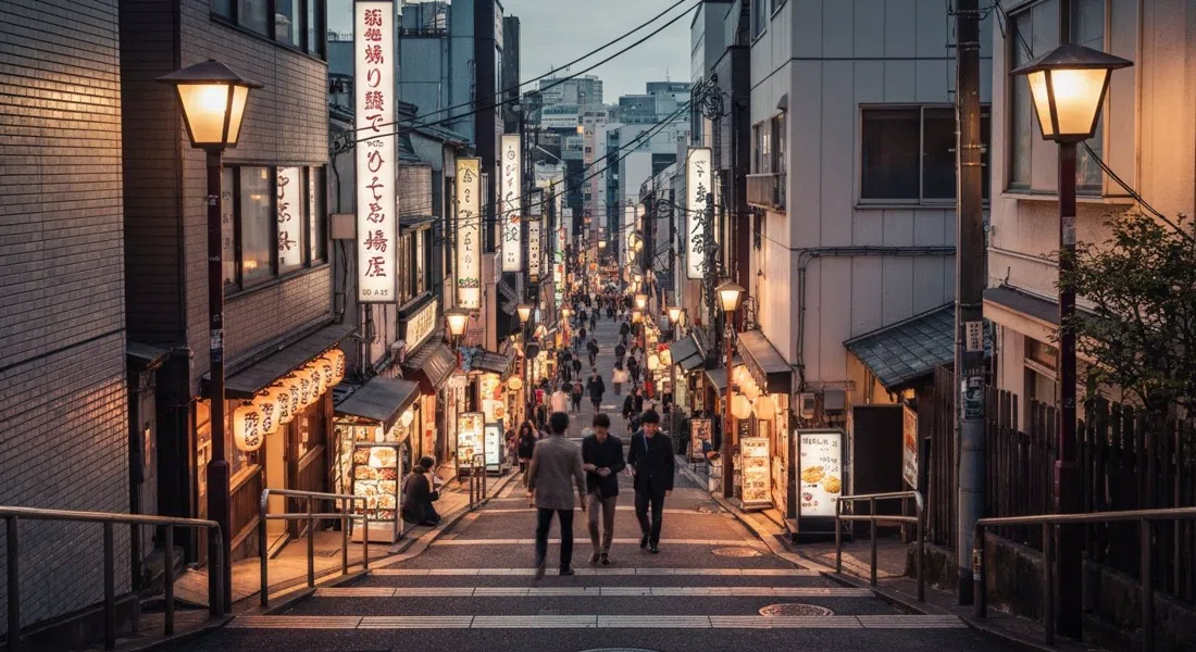 the Yuyake Dandan steps above Yanaka Ginza at dusk, the pedestrian lane dropping away below with shop lamps beginning to glow and croquette smoke rising