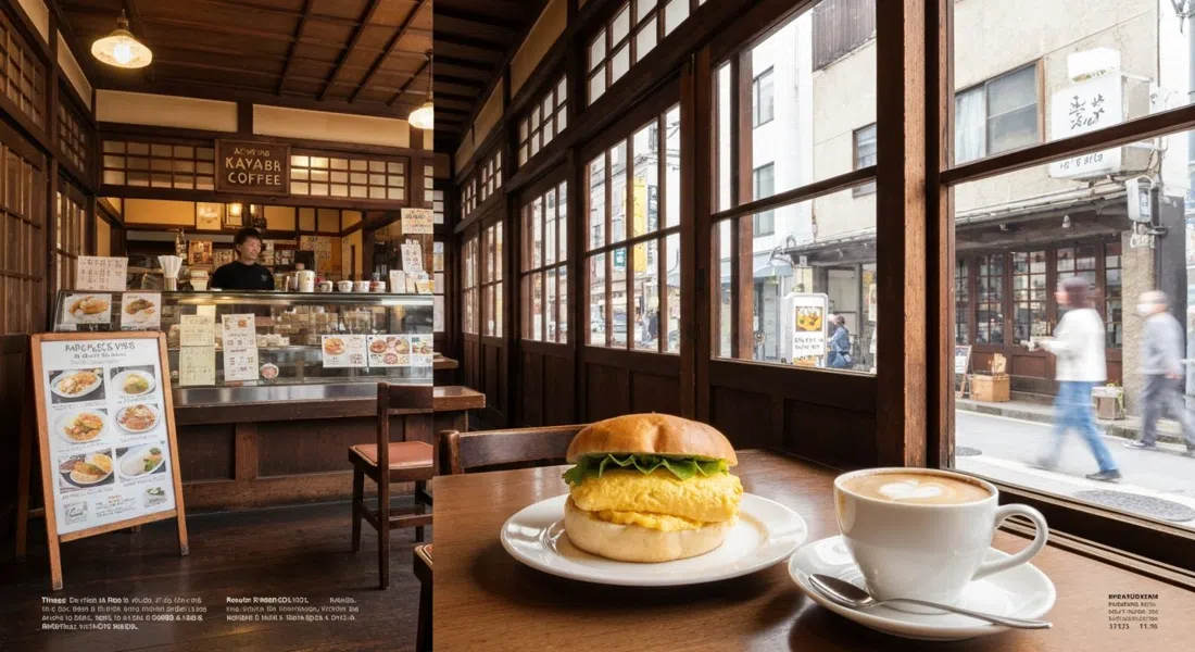 the interior of Kayaba Coffee in a 1916 wooden building, old signage, a fluffy egg sandwich and a cup of Russian coffee on a small table