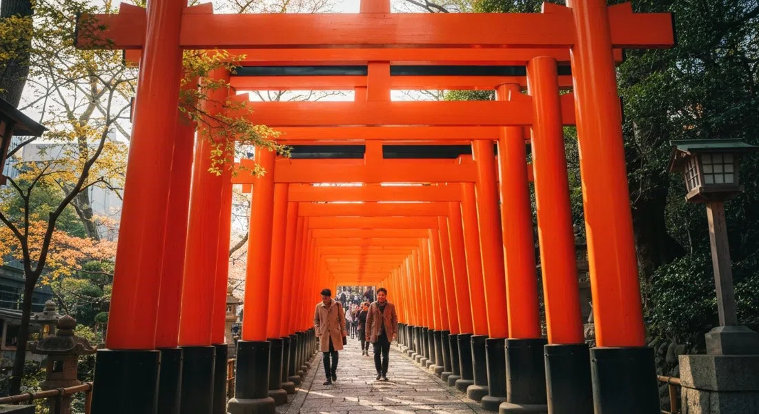 the vermilion torii tunnel at Nezu Shrine climbing a hillside, sunlight filtering between the gates in spring