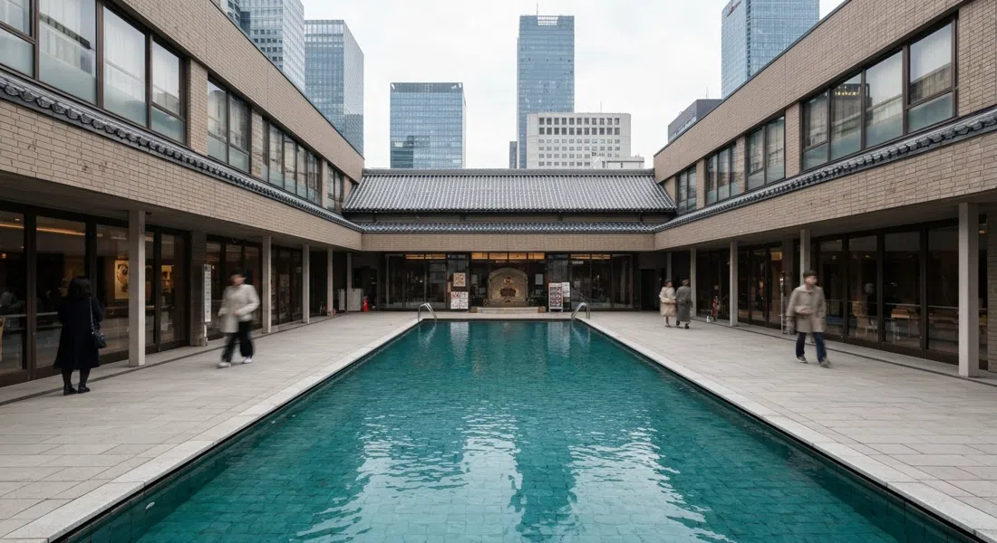 the courtyard pool and rooftop garden at the Asakura Museum of Sculpture, calm light over the former studio-home building