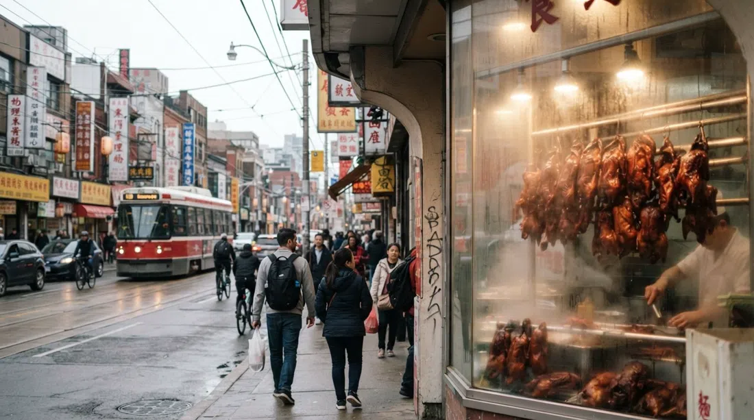 Spadina Avenue at Dundas in Toronto’s Chinatown West, roast ducks in a steamed-up shop window, streetcar tracks and dense signage under afternoon light