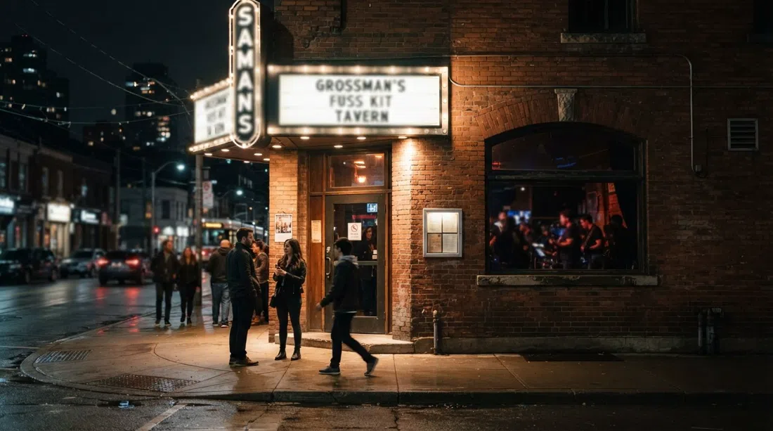 the marquee and brick facade of Grossman’s Tavern on Spadina at night, warm interior light spilling onto the sidewalk outside the live-music dive