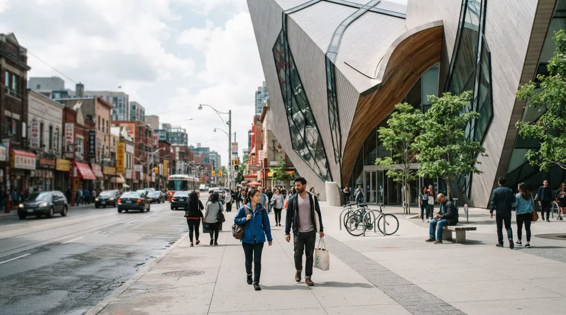 the Art Gallery of Ontario on Dundas, Frank Gehry’s curved facade catching daylight, with Chinatown street life just a block away