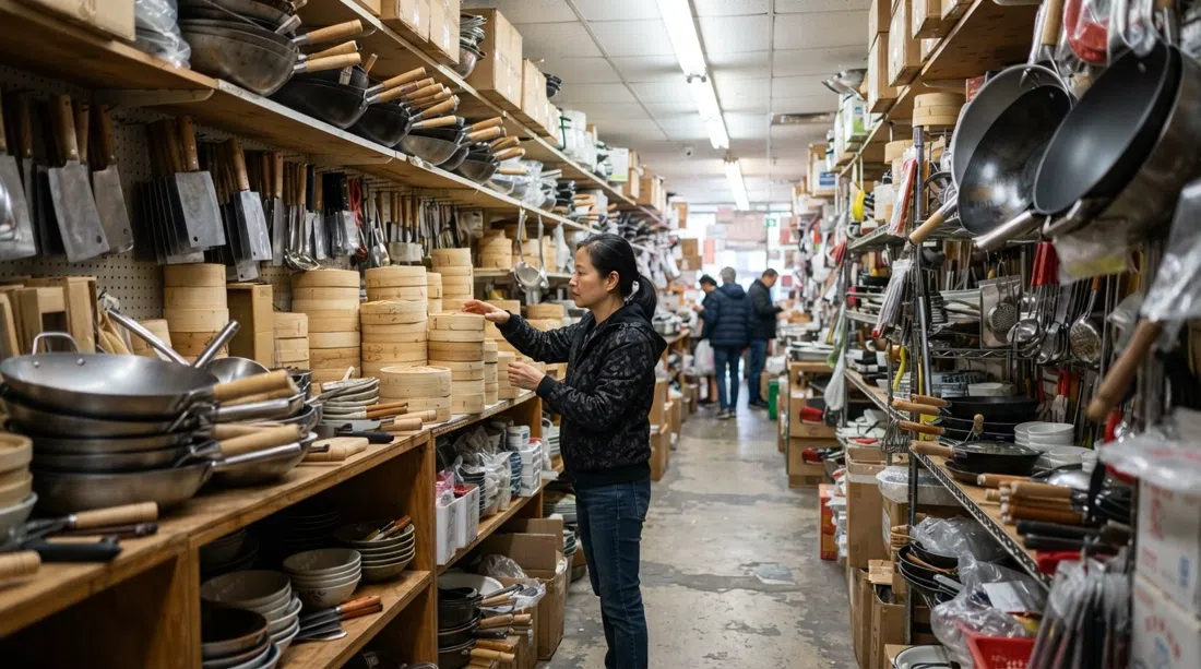Tap Phong Trading’s crowded kitchenware aisles, stacked woks, bamboo steamers and cleavers under fluorescent light