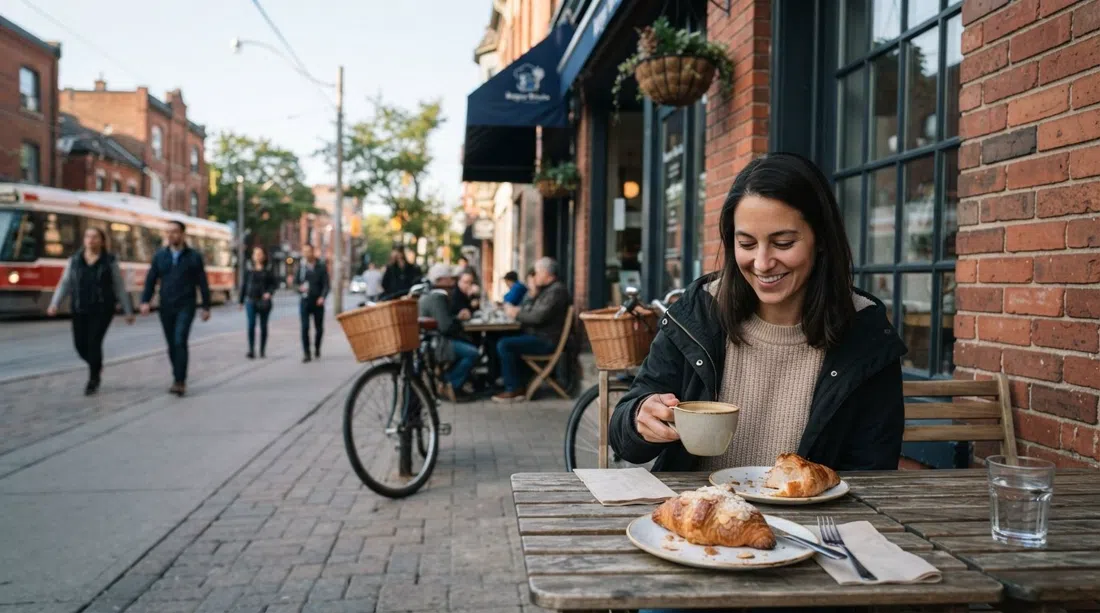 a sunny sidewalk table outside Bonjour Brioche on Queen East with pastries, coffee and the brick storefront in soft morning light