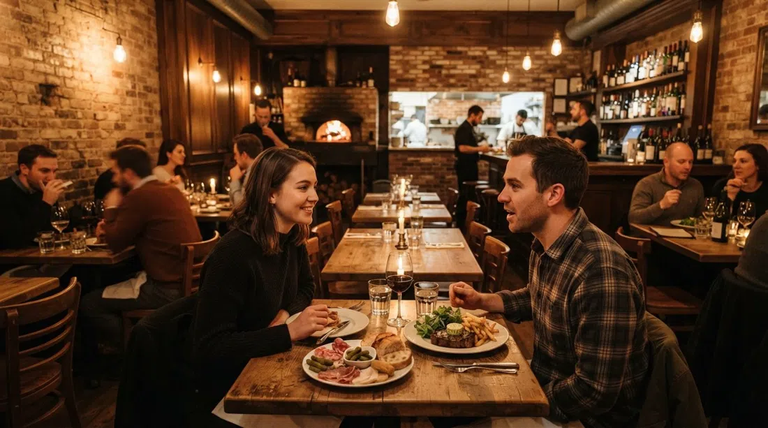 the wood-fired dining room at Maple Leaf Tavern on Gerrard, warm brick walls and plated French-influenced dishes in an evening glow