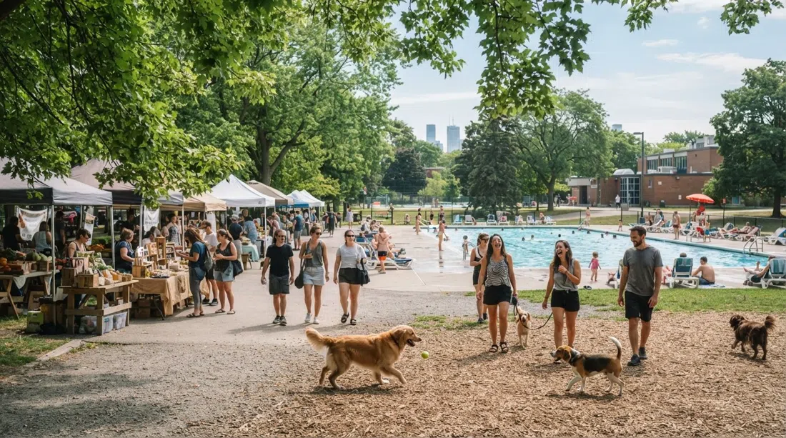 Greenwood Park in summer with the dog park, pool area and market stalls under leafy trees on a bright Sunday morning