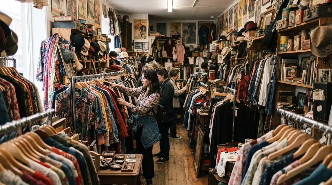the crowded interior of Gadabout Vintage on Queen East, racks of vintage clothing, posters and curios packed floor to ceiling
