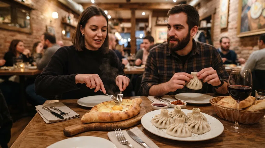 a table at Tiflisi on Queen Street East with cheese-boat khachapuri and hand-pleated khinkali, warm dining room light and shared plates in close-up