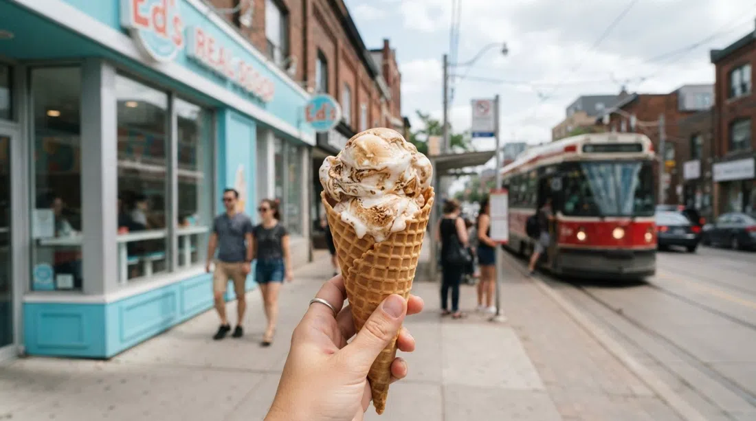 a summer cone from Ed’s Real Scoop on Queen Street East, burnt-marshmallow ice cream in a waffle cone with the streetcar stop and bright storefront behind