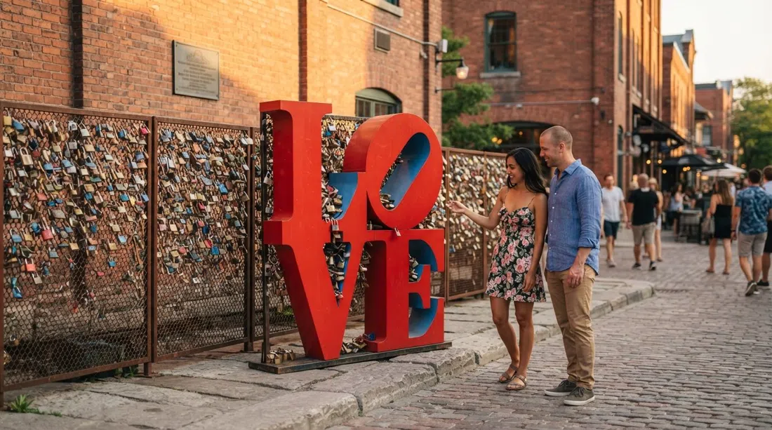 the LOVE sculpture on Gristmill Lane with engraved padlocks on the fence, warm evening light and brick warehouse walls behind it