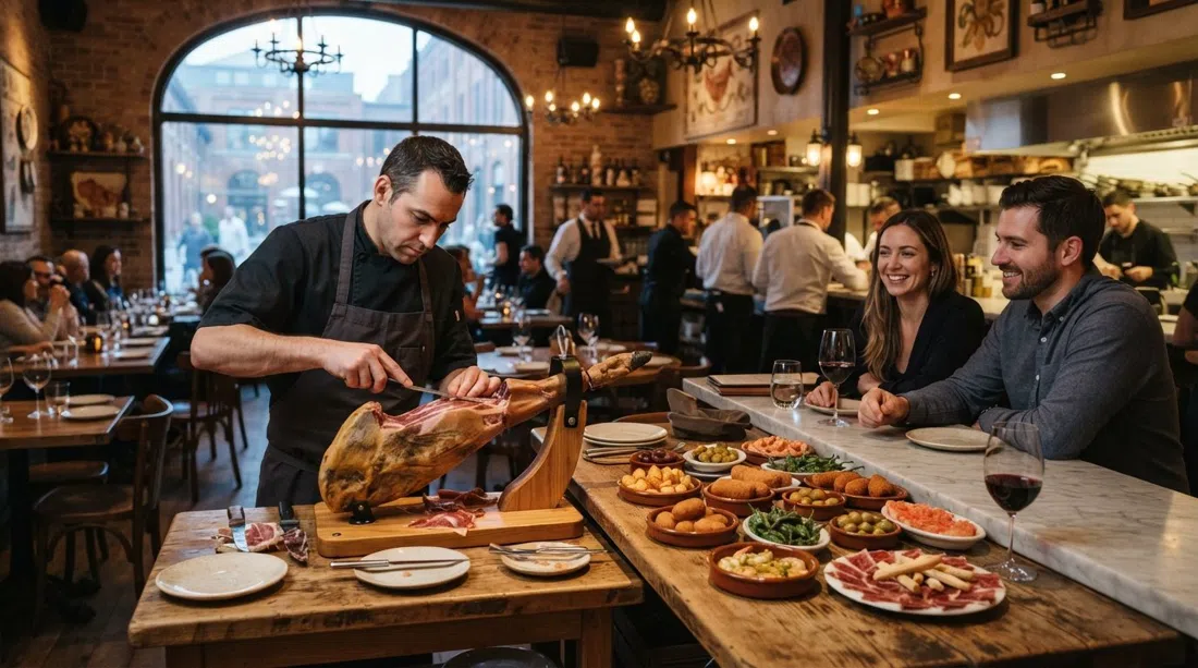 a tapas spread and jamón-carving station inside Madrina Bar y Tapas, polished Catalan dining room with warm evening ambience
