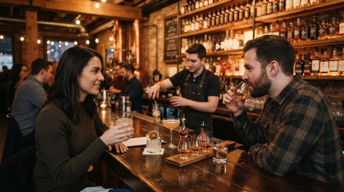 cocktails and tasting flights at Spirit of York Distillery, polished bar setting with bottles and warm evening reflections