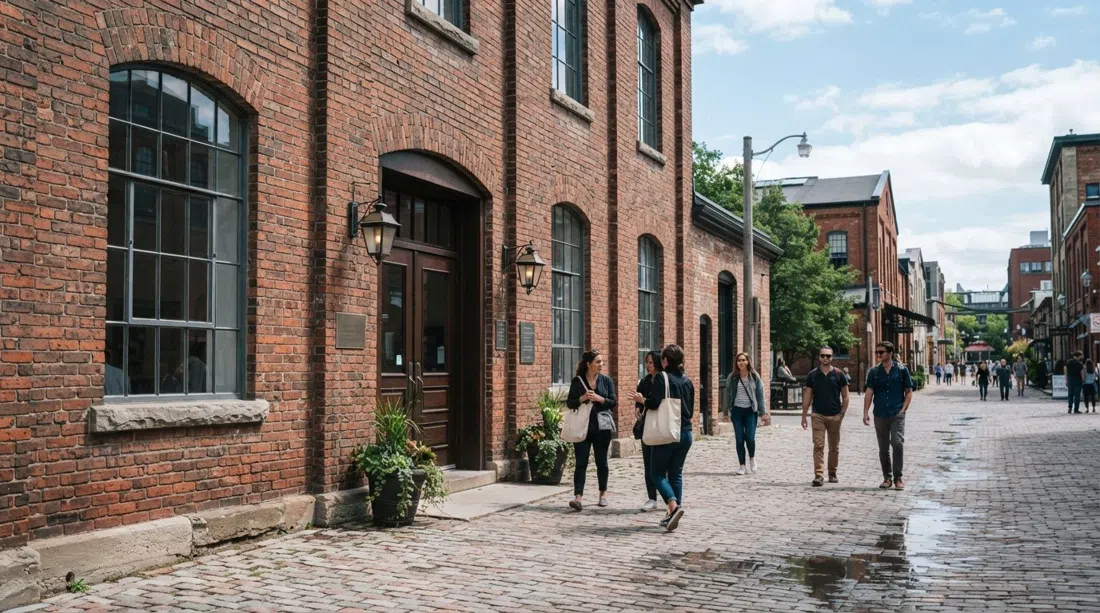 the exterior of Corkin Gallery on Tank House Lane with heritage brick, gallery signage and pedestrians in the lane