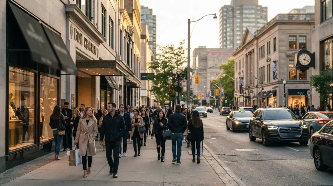 Bloor Street West in Yorkville at late afternoon, luxury storefronts and Holt Renfrew windows lining the Mink Mile with polished traffic and pedestrians