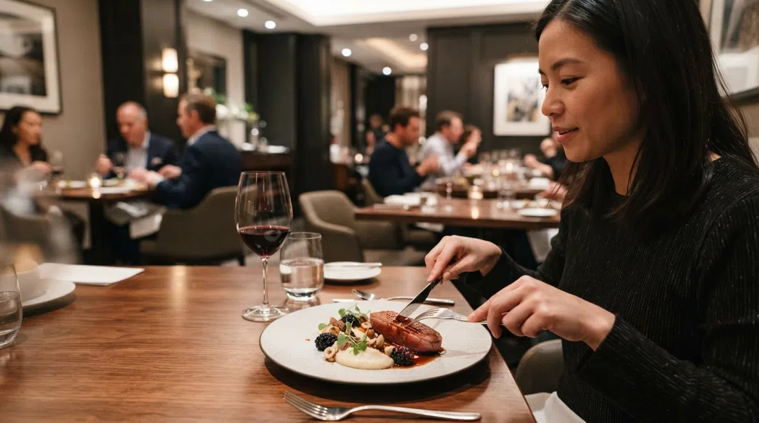 the refined dining room at Enigma Yorkville on St. Thomas Street, a Michelin-star tasting menu course plated with fine-dining precision under soft lighting